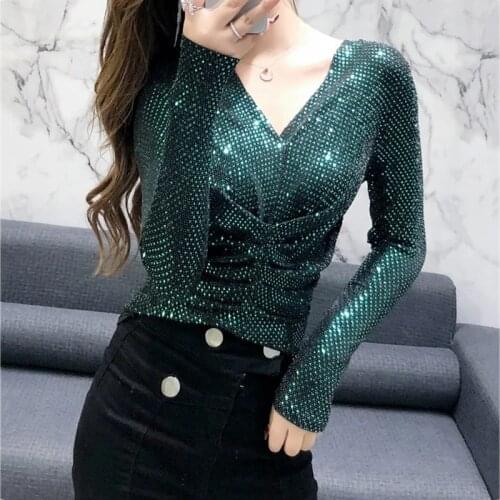 Women Sequin Blusa Sexy V-neck Basic Shirts Top Party Long Sleeve Pleated Ladies T-shirt Camisa 2020 New Femme Clothes LU1285