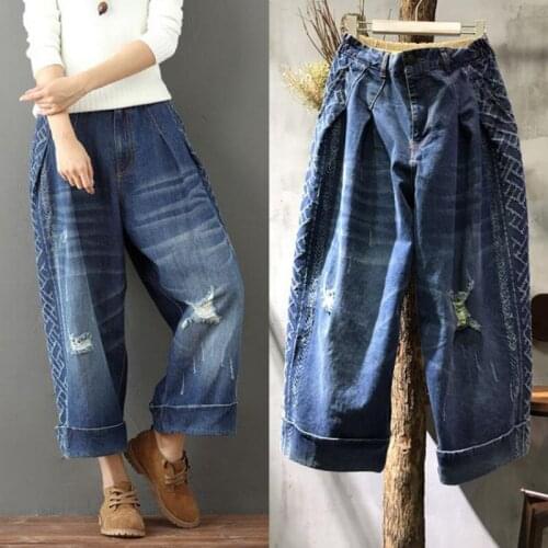 Free Shipping 2019 New Fashion 3/4 Pants For Women Denim Jeans Trousers Elastic Waist Wide Leg Pants With Holes Vintage Pants