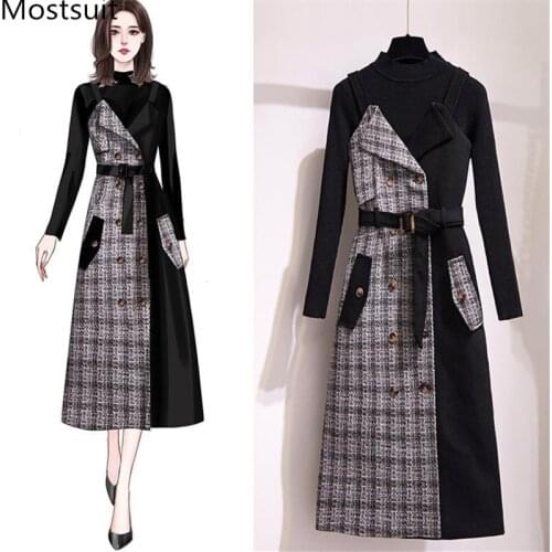 2019 Winter 2 Piece Sets Outfits Women Black Sweater Pullover + Color-blocked Plaid Belted Dress Suits Office Fashion 2 Pcs Sets