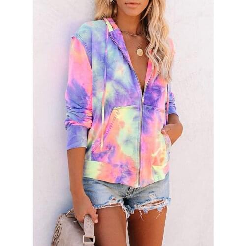 Women Tie Dye Harajuku Sweatshirt Zipper Hoodie Clothes With Side Pockets Drawstring Jumper Trendy Tracksuit Hoodies Pullovers