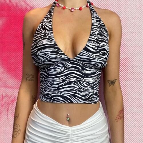 Women Sexy Striped Print Halter Crop Top 2021 Fashion Sleeveless Backless Bandage Camisole Tops Holiday Summer Casual Tank Top