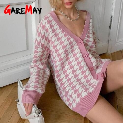 Autumn Womens Cardigan Knitted Oversized Pink Plaid V-neck Sweater Knit Coat Black Button Vintage Warm Long Cardigan for Women