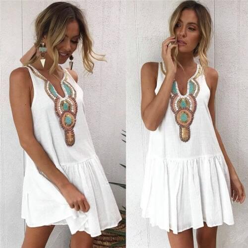 Boho Women Sleeveless Printed Mini Short Dress Summer V-Neck Sundress Cozy Holiday Beach Bardot Button Through A-Line Dresses
