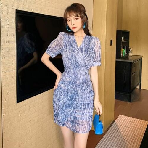 French Style Vintage Puff Sleevs V-Neck Mini Party Dress Ladies OL Streetwear Casual Print Ruffle Folds Femal Beach Short Dress
