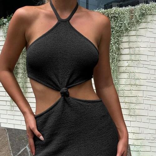 Halter Backless Sexy Holiday Hollow Dress Women High Waist Patchwork Long Bodycon Dress Slim Bag Hip Dress Summer Beach Dresses