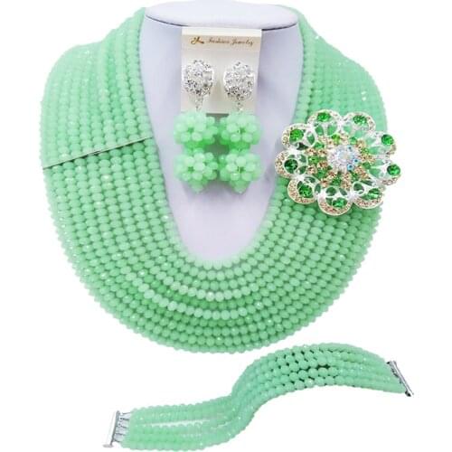 ACZUV Mint Green Crystal Beads African Necklace Nigerian Wedding Party Jewelry Sets 10C-DS012