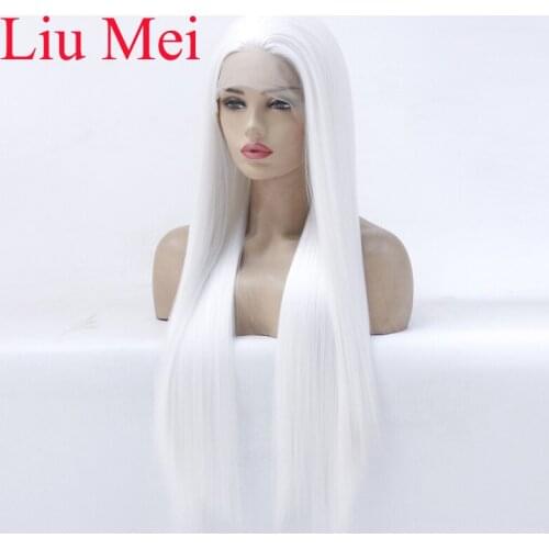 Long Straight Snow White Synthetic LaceFront Wig Heat Resistant Halloween Carnival Costume White Women Lady Hair for Party Salon