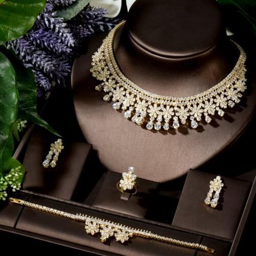 HIBRIDE Nigeria 4pcs Bridal Zirconia Jewelry Sets For Women Party, Luxury Dubai CZ Crystal Wedding Party Bridal Home N-1525