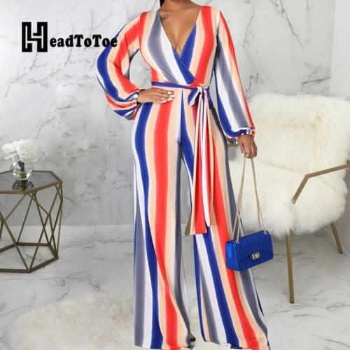 Stripes Colorblock Long Sleeve V Neck Rompers Women Jumpsuit Wide Leg Casual One Piece Outfits
