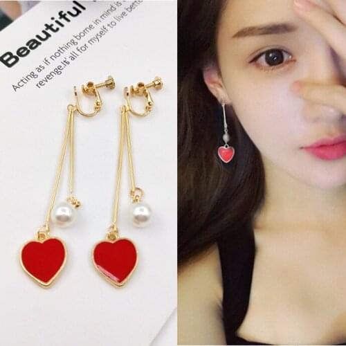 Cute Heart-shaped Pearl Earrings Gold Color Tassel Long Earrings Without Piercing Ear Cuff No Hole For Women Clip Earrings