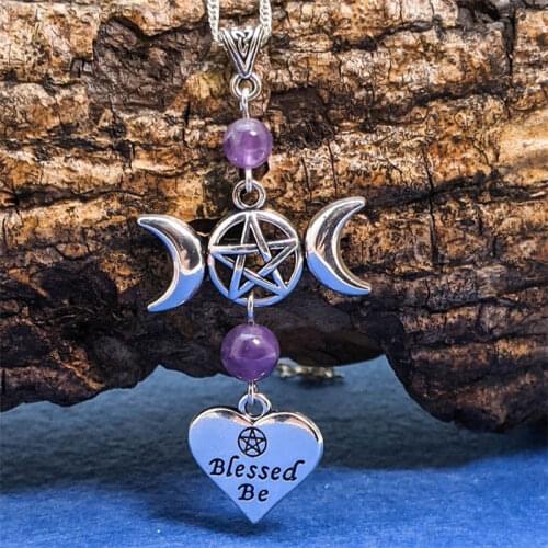 Fashion Wicca Triple Moon Witchcraft Pentagram Necklace Blessed Be Heart and Natural Quartz Crystal Pendant Friends Healing Gift