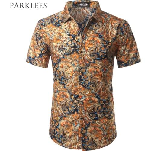 Velvet Paisley Shirt Men 2017 Luxury Brand Design Silk Mens Dress Shirts Casual Slim Fit Golden Foil Print Floral Chemise Homme