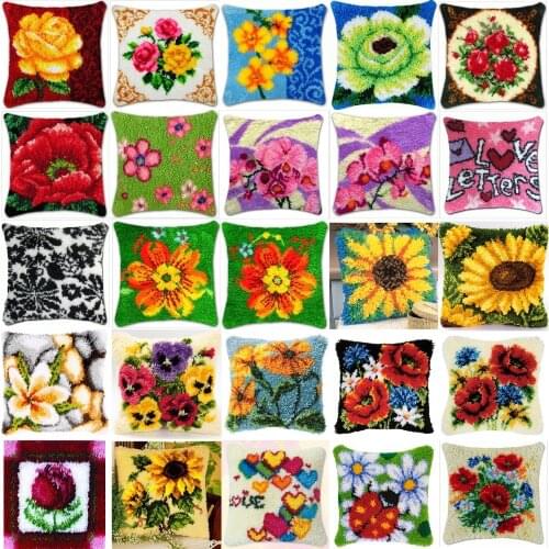 Flowers 022 DIY Needlework Kit Acrylic Yarn Embroidery Pillow Tapestry Canvas Cushion Front Cross Stitch Pillowcase