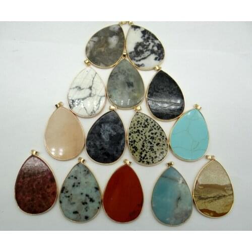 Natural stone aventurine tiger eye Quartz Crystal Turquoises water drop pendant for diy Jewelry making necklace Accessories6PCS