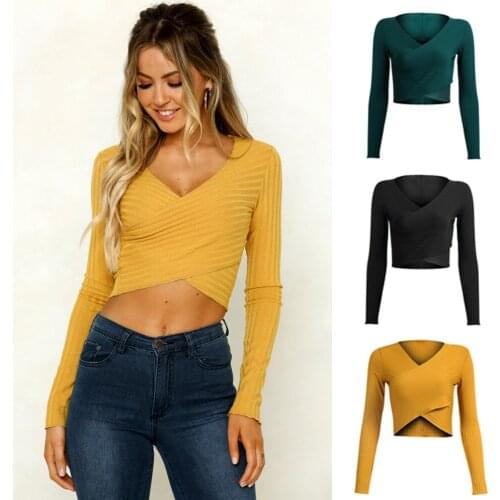 Office Lady Yellow Long Sleeve Knitted Short T Shirts Women Solid Sexy V Neck Criss Cross Slim Crop Female Tops Streetwear