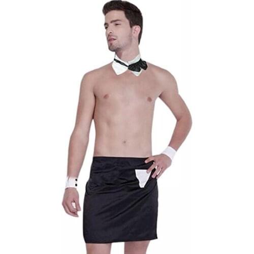Sexy Men Open Back Servant Uniform Lingerie Bow Tie Collar Cuffs Aprons Set Waiter Fantasy Gay Fetish Costume