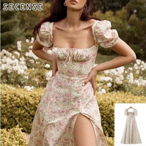 Dress Women Floral Print High Split Puff Sleeve France Square Collar Dress Palace Bandage Casual Cotton Summer Beach Party Skirt