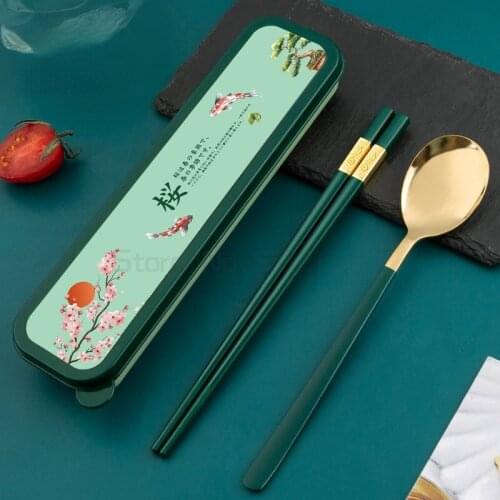 Portable chopsticks spoon childrens tableware high color stainless steel spoon single student storage box