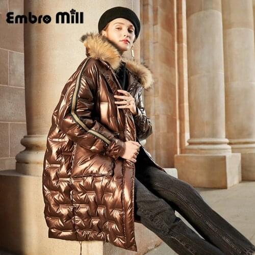 Hooded Down Jacket Womens Winter New Street Style Long Sleeve Loose Fashion Mid-Length Contour Design Lady Down Coat S-XL