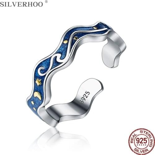 SILVERHOO Rings For Women S925 Sterling Silver Clouds Stars And Moon Mystetious Sky Open Rings Beautiful Girl Gifts Fine Jewelry