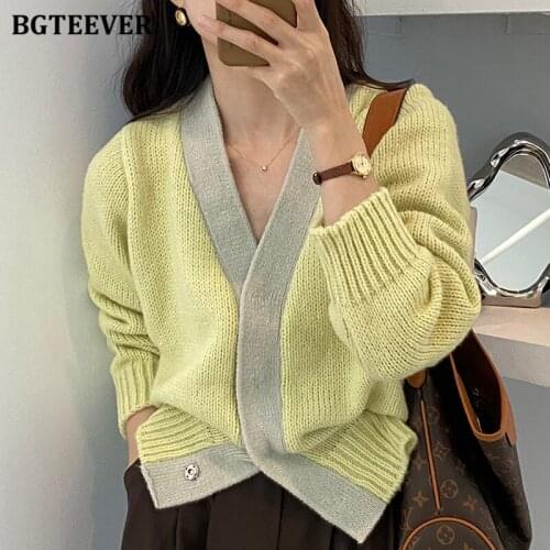 BGTEEVER Stylish Chic V-neck Patchwork Women Cardigans Sweaters Full Sleeve Loose Women Knitted Open Stitch Tops 2021 Autumn