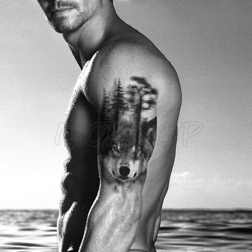 Temporary Tattoo Stickers Wolf Head Forest Big Tree Fake Tatto Waterproof Tatoo Back Leg Arm Belly Big Size for Women Men Girl