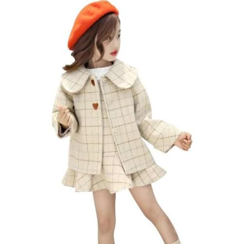 High Quality Toddler Girls Autumn Sets Korean Kids Plaid Full Sleeve Wool Coat+Sleeveless Vest Dress 2pc Princess Clothing Sets