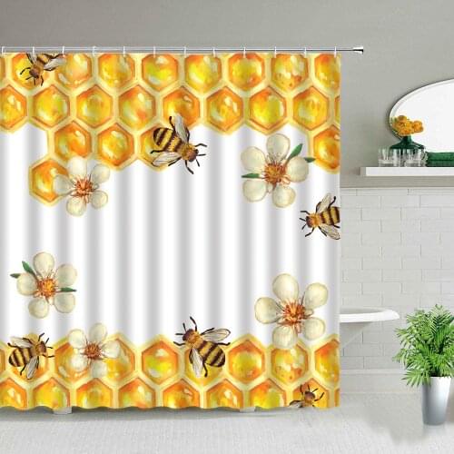 Cartoon Golden Hive Honey Bees Pattern Bathroom Curtains Animal Waterproof Cloth Shower Curtain Set Bath Bathtub Decor With Hook