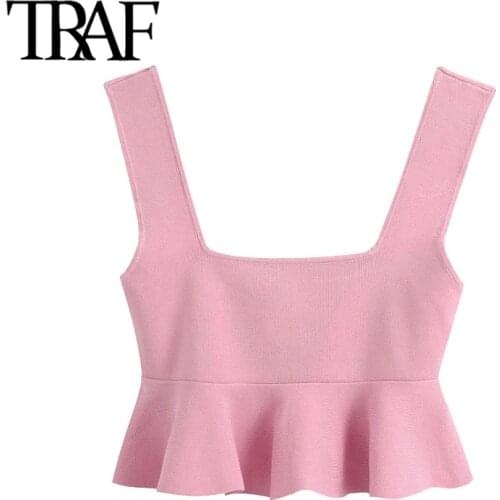 TRAF Women Sweet Fashion Ruffled Cropped Knitted Blouses VIntage Square Collar Sleeveless Straps Female Shirts Chic Top
