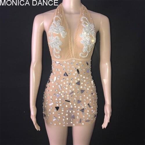 Women Sexy Stage Silver Shining Crystals Mirrors Backless Dress Mesh Stage Costume Performance Singer Costume Stretch Dress