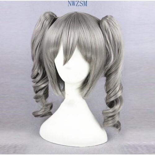 Cinderella Girls Ranko Kanzaki 40cm Medium Long Grey Cosplay Wig for Women Anime Costume Party with Two Wavy Ponytai