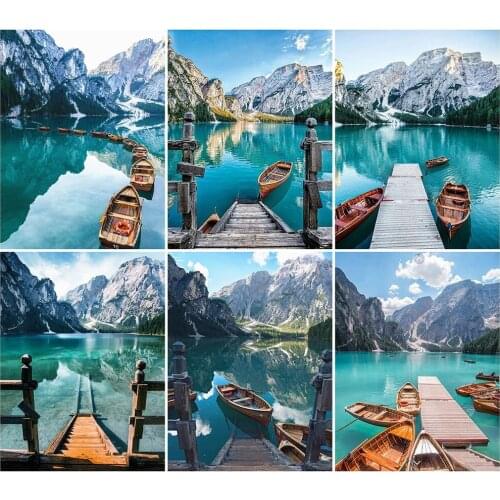 PDMDOG Diamond Embroidery Landscape DIY Diamond Painting Lake Rhinestones Full Round Drill Square Mosaic Ship Decor For Home