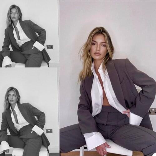 England Style Women 2 Pieces Suits Shawl Lapel Pocket Minimalist Blazer Smart Casual Daily Wear Office Lady