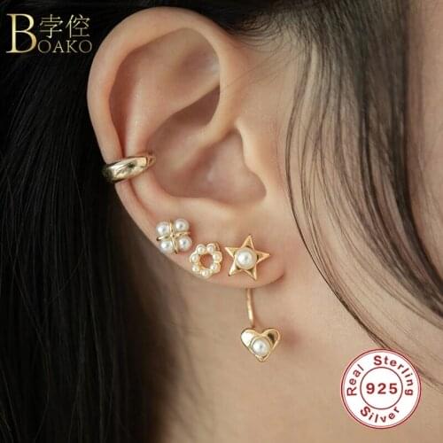 BOAKO 2pcs Vintage Pearl Earring 925 Sterling Silver Earrings For Women Pendiente Piercing Ohrringe Stud Earing Luxury Jewelry