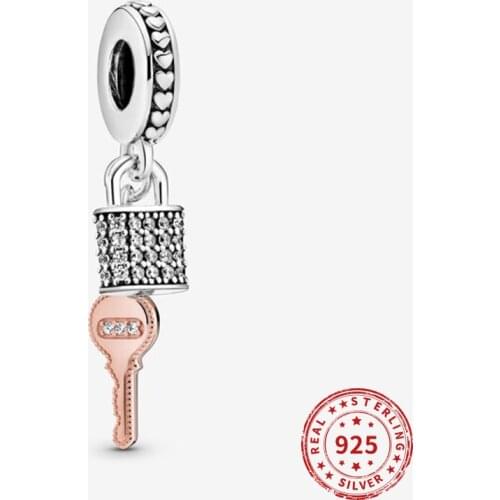 Real 925 sterling silver Beads Pave Padlock & Key Dangle Charm Beads Suitable fit Original Pandora Bracelet Women Jewelry 2021
