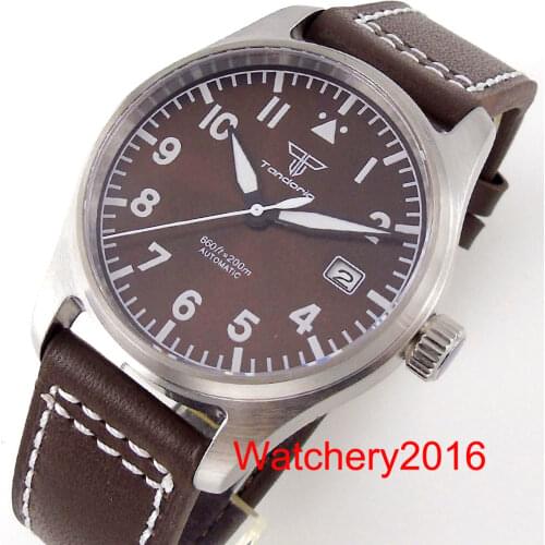 Tandorio Brand 39mm Black Dial Stainless Steel Case Sapphire Glass Japan NH35A Automatic Diving Mens Watch Leather