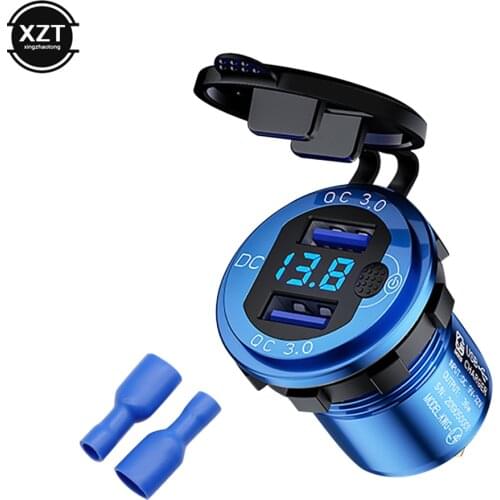 Dual USB QC 3.0 Car Charger Aluminum Socket Power Outlet Charger With Blue Digital Voltage Display For 12V/24V Car Motorcycle