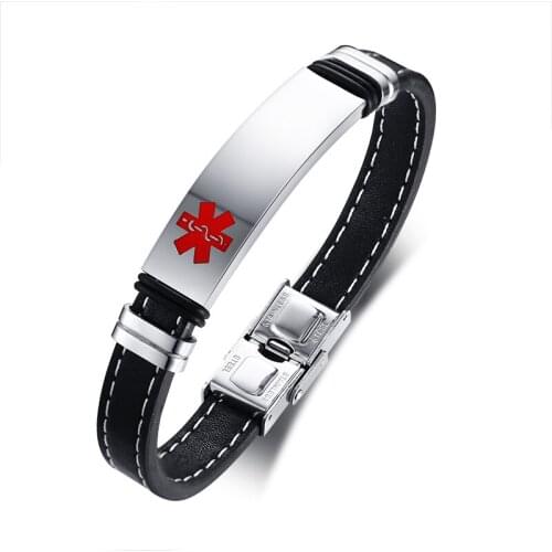 European And American Style Engraved Stainless Steel Medical Logo Curved Brand Microfiber Leather Bracelet Suitable For Men