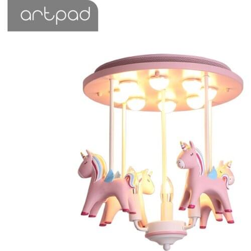 Kawaii Princess Pony Pink Ceiling Light Merry-Go-Round Shape LED Kids Child Grils Ceiling Lamp Bedroom Nursury School Decoration