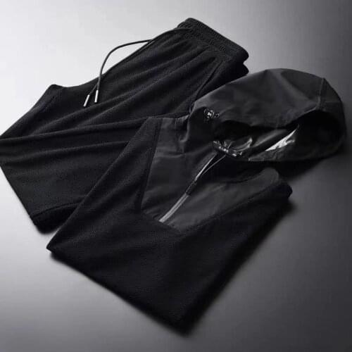 Summer new style lightweight breathable mesh fabric stitching short-sleeved hooded casual sports suit mens slim two-piece suit