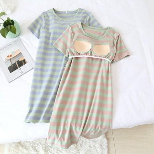 Fdfklak Summer Striped With Chest Pad Nightdress Sleepwear Woman Lingerie 2020 New Loose Sleeping Dress Nighty Night Dress