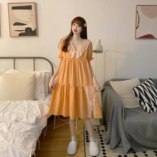 Sweet Cute Nightdress Summer New Lace V-neck Short Sleeve Home Wear Pajamas Women Can Wear outside lolita dress