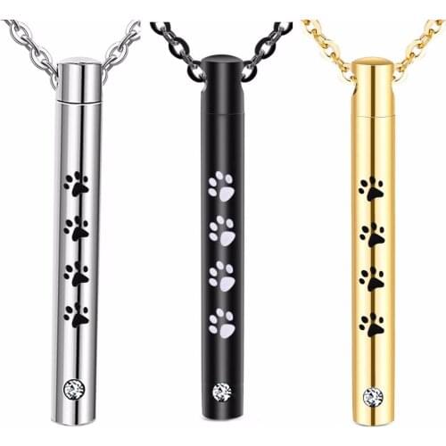 IJD9843 Minimalist Jewelry-Cute Paw Pirnt Engraved Pet Memorial Urn Necklace for Dog,Cat Ashes,Stainless Steel Cylinder Pendant
