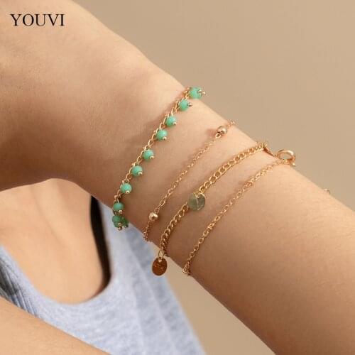 YOUVI 4Pcs Fashion Greeen Beads Chains Bracelets for Women Gold Color Metal Tassel Pedants Bracelets Bangles Charm Jewelry