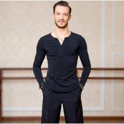 Mens Latin Dance Tops Standard Ballroom Dancing Practice Clothes Long Sleeves V-Neck Shirt Samba Waltz Dance T-Shirts DL5233