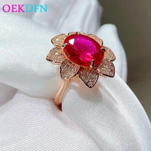 OEKDFN 100% 925 Sterling Silver Rings Oval Cut Ruby Created Gemstone Wedding Engagement Vintage Rose Gold Ring Fine Jewelry