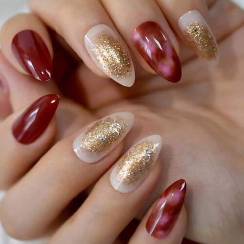 Origin Design Golden Glitter Almond Shape Medium-Short Sharp Reuseable Detachable Nails Art Fingernails Tips Charms Supplies