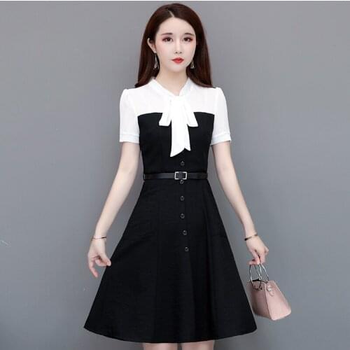 Women Dresses Vestidos Chiffon Plus Size Summer Patchwork Belt Button Short Sleeve Long A-line Robe Sukienka