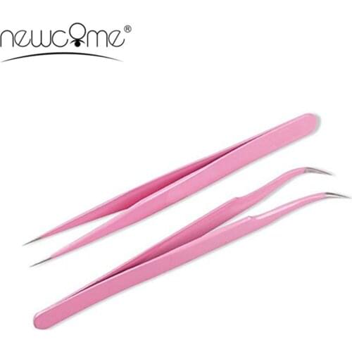 Professional Pink stainless steel Mink Eyelash Extension Straight Curved Tweezers 3D Volume Eye Lashes High Quality Tweezers