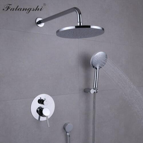 Falangshi Bathroom Shower Faucet Wall Mounted Chrome Brass Wall Shower System Concealed Bathtub Rain Shower Set WB1632